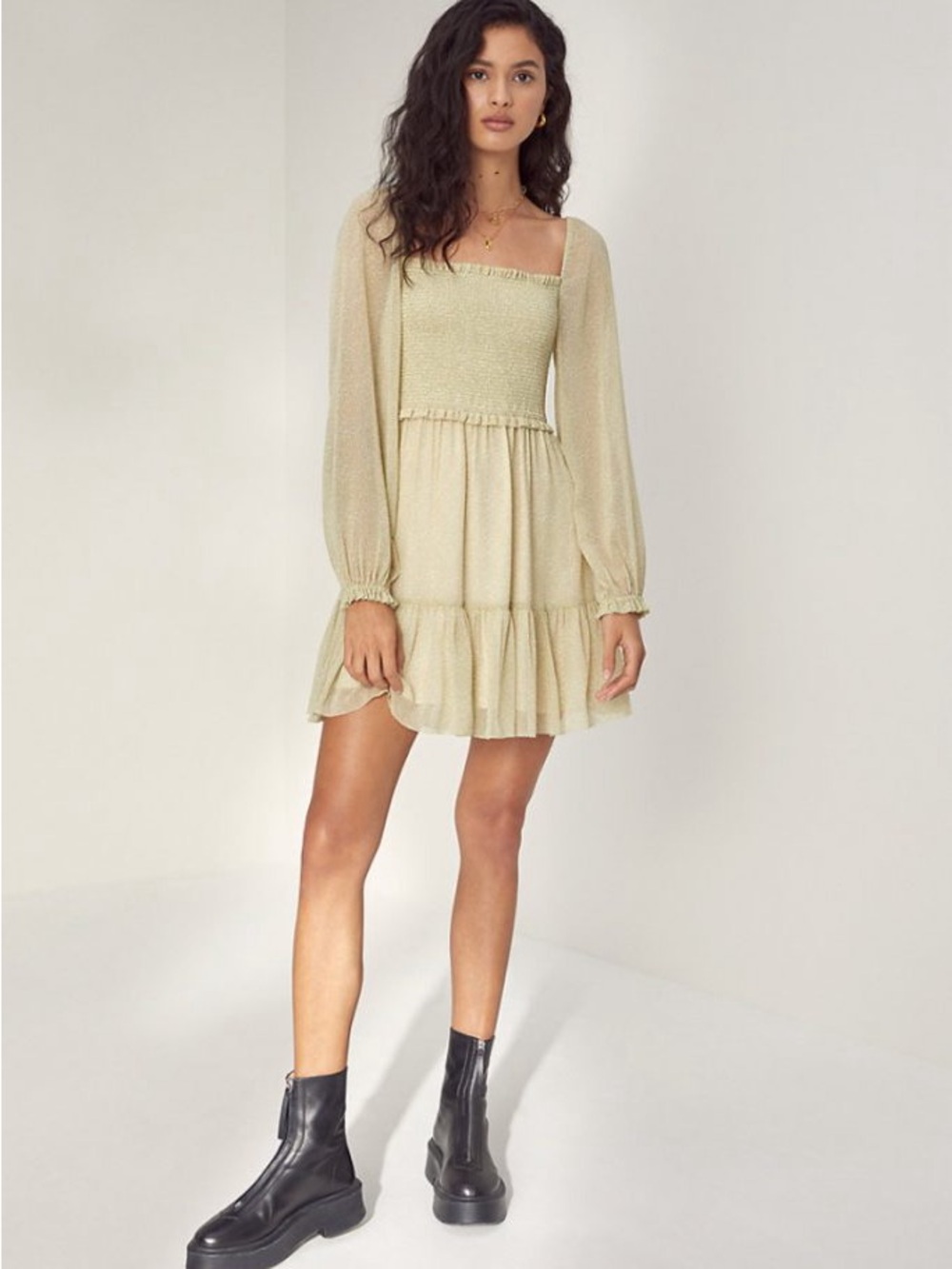 Aritzia Wilfred Tempest Dress Smocked Square-Neck Women's Light Green